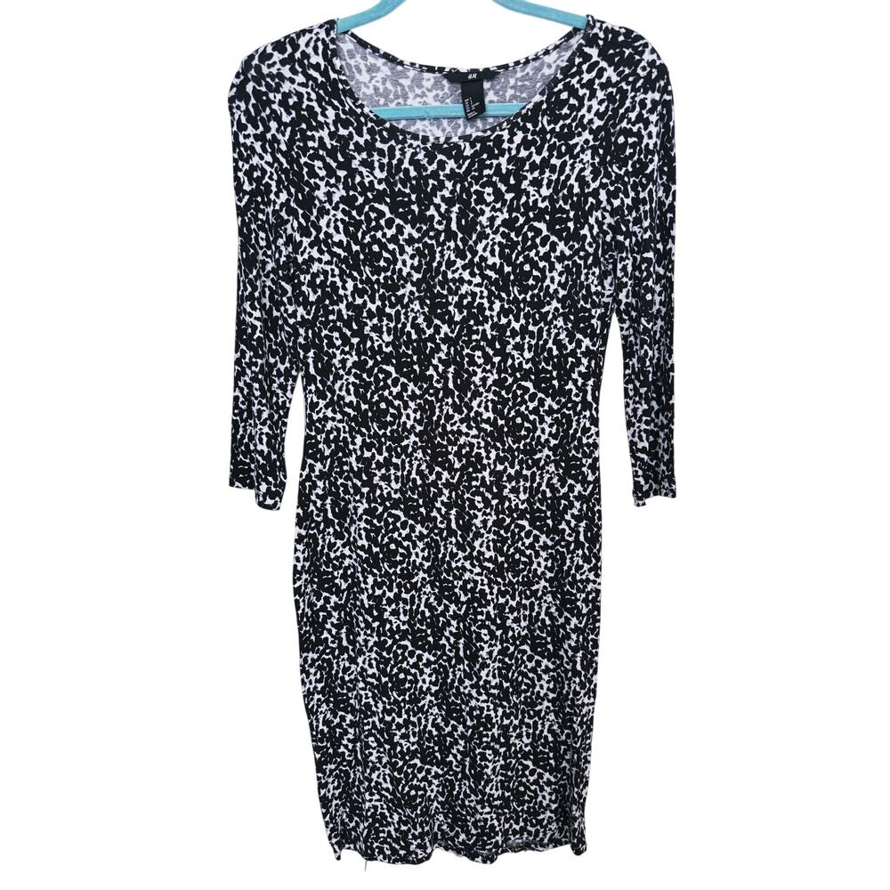 H&M Animal Print Bodycon Midi Dress Small Black Cocktail Party Club Glam Retro
